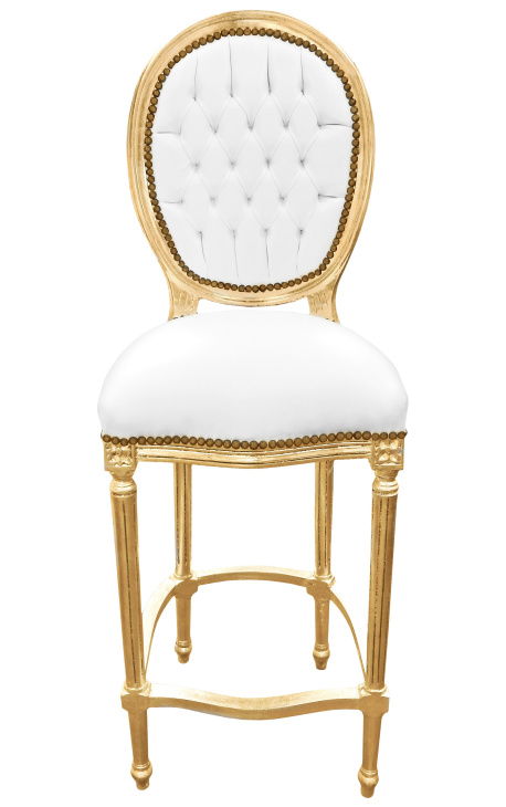Bar chair Louis XVI style white faux leather and gold wood