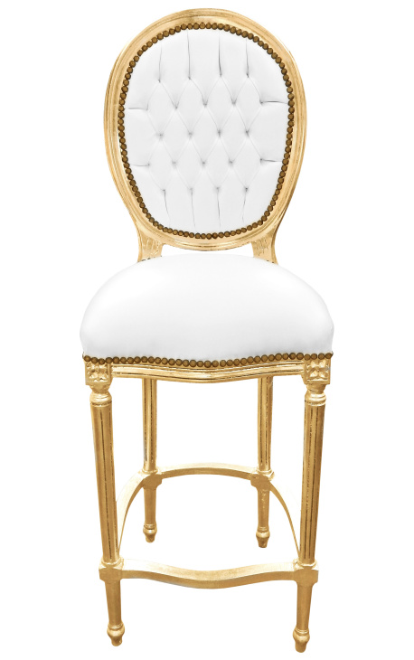 Cadeira de bar Louis XVI Estilo branco Leatherette e madeira de ouro - 1