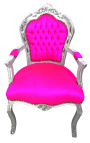 Fauteuil de style Baroque Rococo tissu velours rose fuchsia et bois argenté