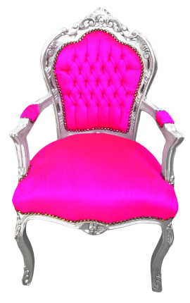 Sessel Barocker Rokoko-Stil Rose Fuchsia Samt und versilbertes Holz - 1