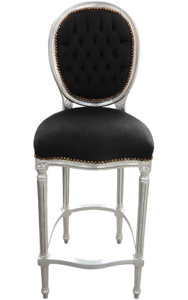 Chaise de bar de style Louis XVI, tissu velours noir et bois argenté
