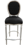 Cadeira de bar estilo Louis XVI, tecido de veludo preto e madeira prateada