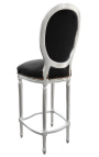 Bar chair Louis XVI style black velvet fabric and silver wood 