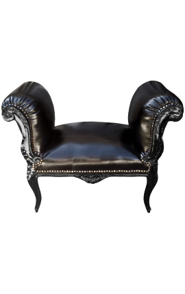 Banquette baroque de style Louis XV tissu simili cuir noir et bois laqué noir