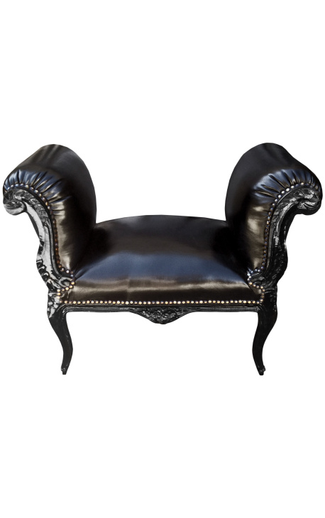 Barroco Louis XV banco piel falsa tela negra y madera negra