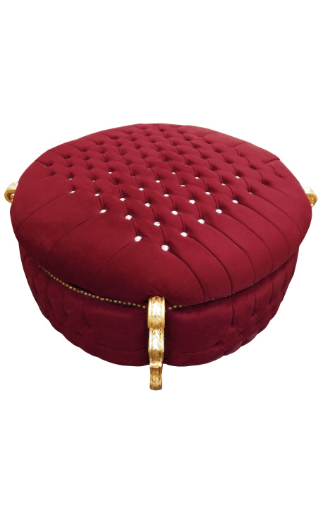 Grande banquette coffre baroque ronde bordeaux et strass, bois doré