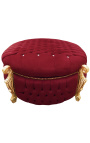 Stor barok rund bænk kuffert Louis XV stil bordeaux stof med rhinsten, guld træ