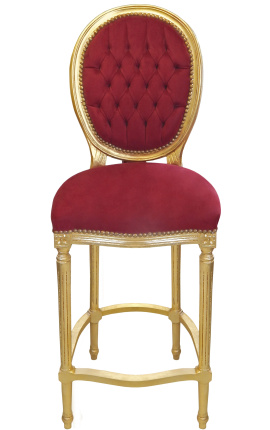 Cadeira de bar estilo Luís XVI com pompom, veludo cor de vinho e madeira dourada