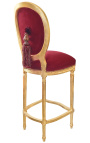 Sedia da bar in stile Luigi XVI con pompon, velluto bordeaux e legno dorato