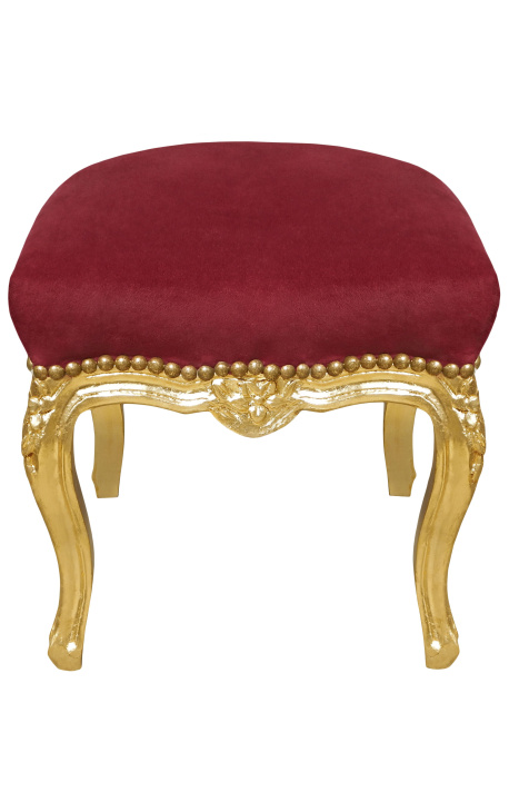 Barokkityylinen jalkatuki Louis XV punaista viininpunaista kangasta ja lehtikultapuuta - 1