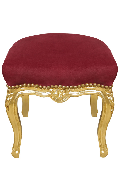 Barokowy podnóżek Ludwika XV czerwona tkanina bordowa i drewno liściaste złota