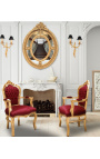 Poltrona estilo barroco rococó Tecido de veludo bordô e madeira dourada
