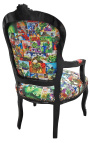 Baroque armchair of Louis XV style false skin leather with comics patterns printed on it and black wood