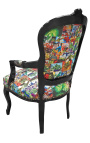 Baroque armchair of Louis XV style false skin leather with comics patterns printed on it and black wood