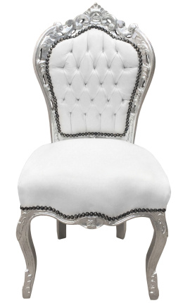 Stuhl im Barock-Rokoko-Stil, weißes Kunstleder und silbernes Holz