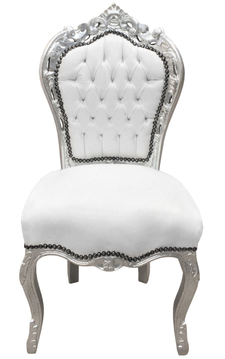 Cadeira de estilo barroco rococó imitação de pele branca e madeira prateada