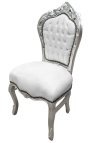 Chaise de style Baroque Rococo simili cuir blanc et bois argent