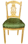 Chaise harpe avec tissu satiné vert et bois doré