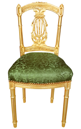 Sedia arpa con tessuto in raso verde e legno dorato