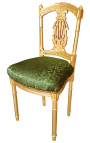 Cadeira harpa com tecido acetinado verde e madeira dourada