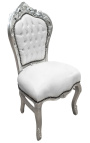 Barok stoel in rococostijl, wit kunstleer en zilverkleurig hout