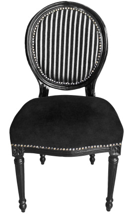 Sedia in stile Luigi XVI con strisce nere e grigie e legno laccato nero