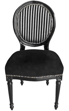 Sedie Louis XVI stile strisce nere e grigie con seduta nero velluto e legno nero