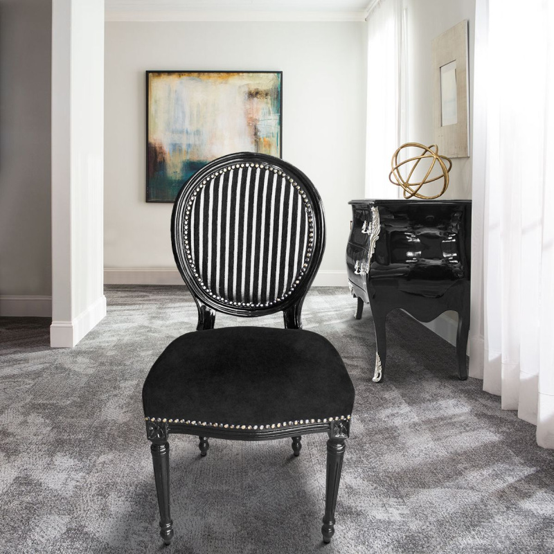 Chair Louis XVI style black and gray stripes with black velvet