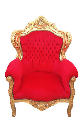 Duży fotel w stylu barokowym z czerwonego aksamitu i złotego drewna