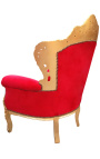 Duży fotel w stylu barokowym z czerwonego aksamitu i złotego drewna
