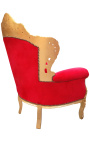 Grand fauteuil de style baroque tissu velours rouge et bois doré