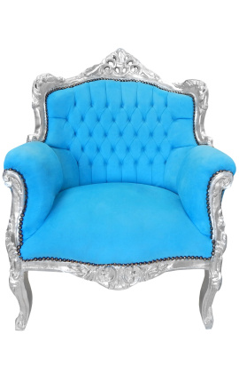 Cadeira de braço "príncipe" turquesa estilo barroco e madeira de prata