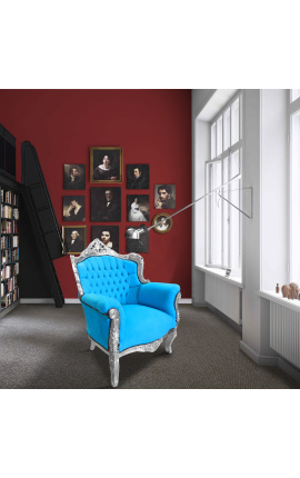 Armchair &quot;princely&quot; Baroque style turquoise blue and silver wood