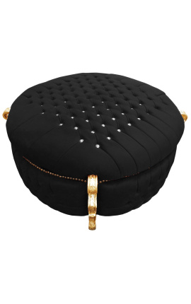 Big baroque round bench trunk Louis XV style black fabric with rhinestones, gold wood