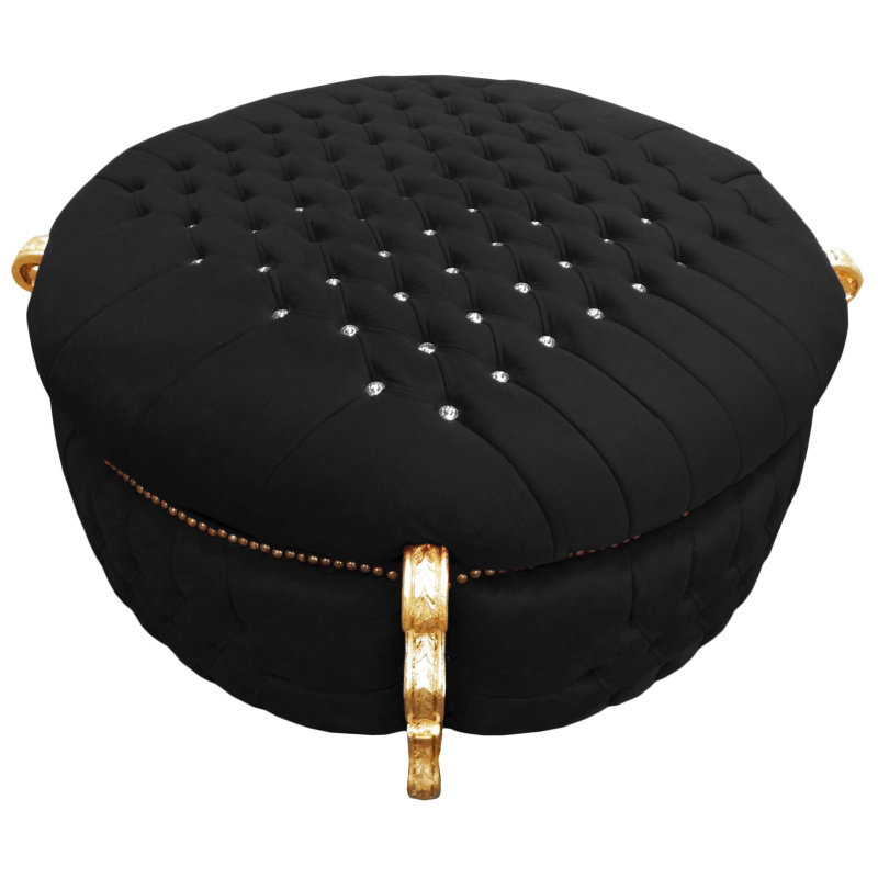 Storage Bench Round Round baroque storage bench black rhinestones, gold leaf wood