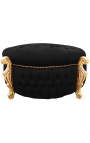 Big baroque round bench trunk Louis XV style black fabric with rhinestones, gold wood