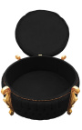 Didelė barokinė apvali suoliuko bagažinė Liudviko XV stiliaus juodas audinys su cirkoniais, aukso mediena