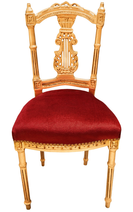 Harp chair with a burgundy velvet and gold wood