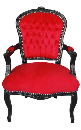 Barokke fauteuil van rode fluwelen stof in Lodewijk XV-stijl en zwart gelakt hout