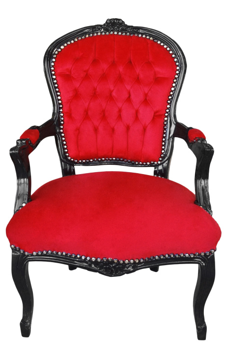Бароков фотьойл от дамаска от червено кадифе в стил Луи XV и черно лакирано дърво