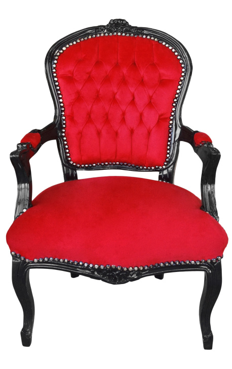 Poltrona barroca Louis XV Tecido de veludo vermelho e madeira preta lustrosa - 1