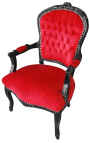 Baroque armchair of Louis XV style red velvet fabric and black lacquered wood