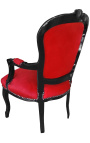Barokke fauteuil van rode fluwelen stof in Lodewijk XV-stijl en zwart gelakt hout