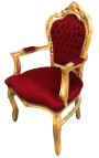 Poltrona estilo barroco rococó Tecido de veludo bordô e madeira dourada