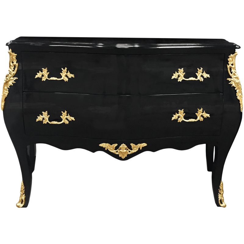 Comò barocco di stile Louis XV Nero con 2 cassetti, bronzi d'oro