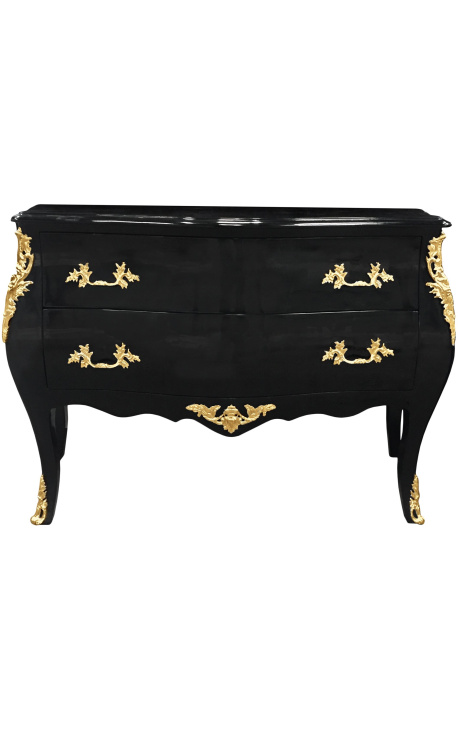 Baroque chest of drawers (commode) of style Louis XV black and gold bronzes