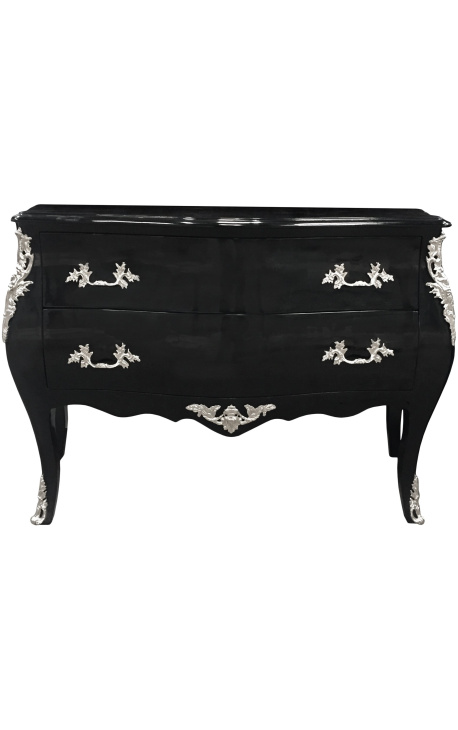 Commode baroque de style Louis XV noire avec 2 tiroirs et bronzes argentés