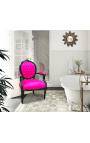 Baroque armchair Louis XVI style medallion rose fushia fabric and black lacquered wood 