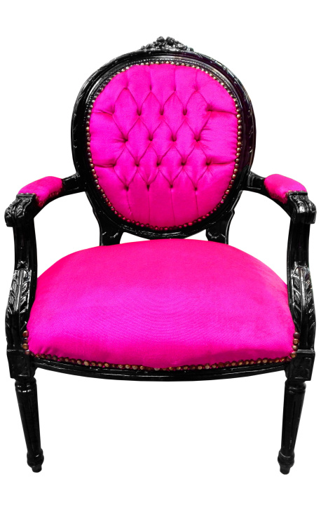 Baroque armchair Louis XVI style medallion rose fushia texture and black lacquered wood 