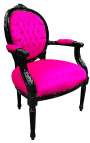 Baroque armchair Louis XVI style medallion rose fushia fabric and black lacquered wood 
